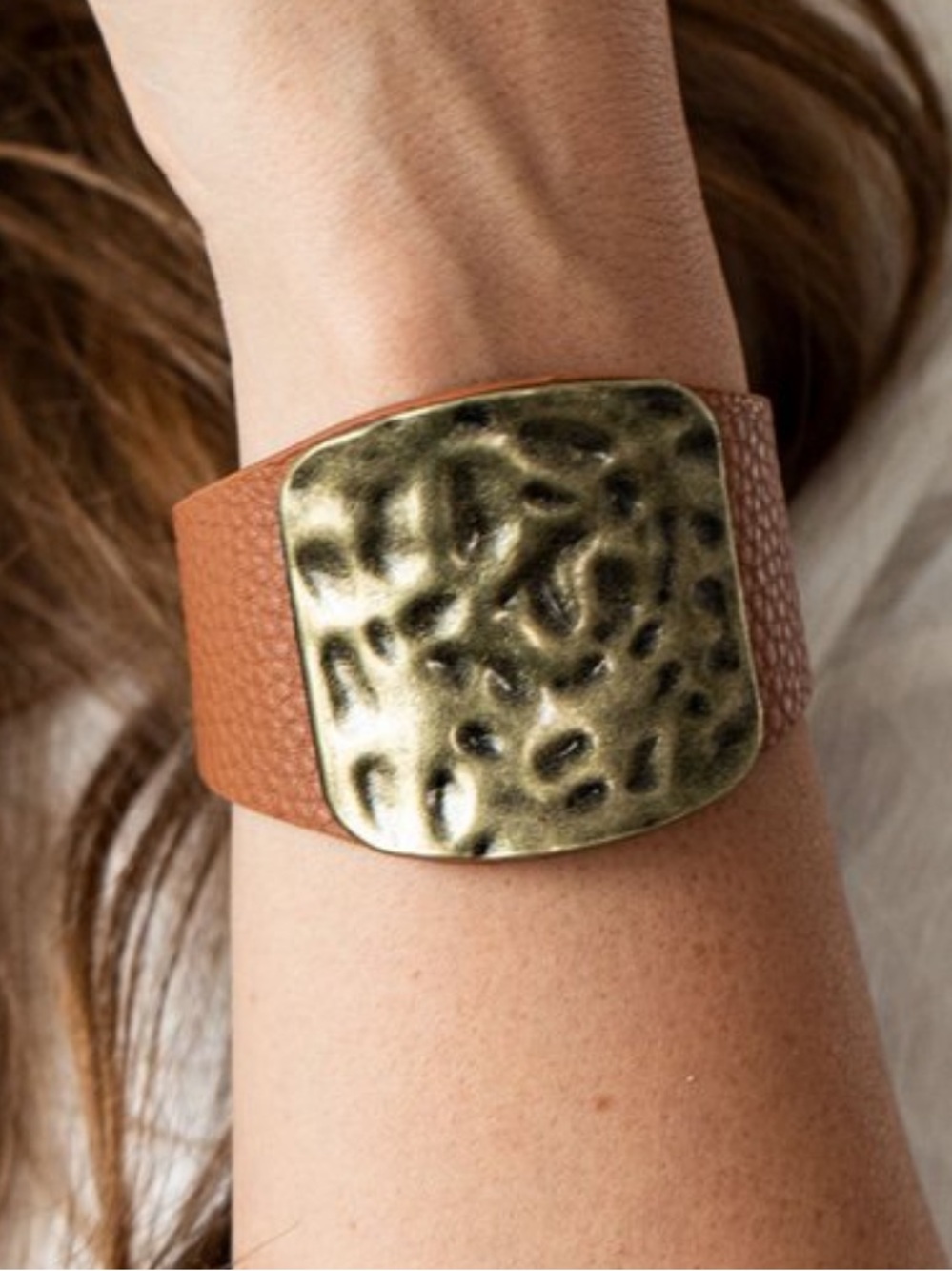 Textured Brass Plate Brown Leather Wrap